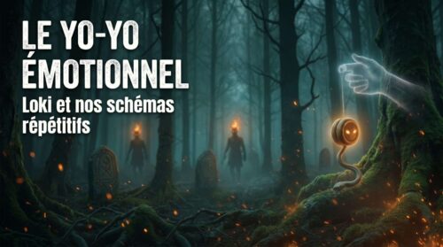 Illustration d'un yo-yo incandescent tenu par une main spectrale dans une forêt sombre avec des runes nordiques.