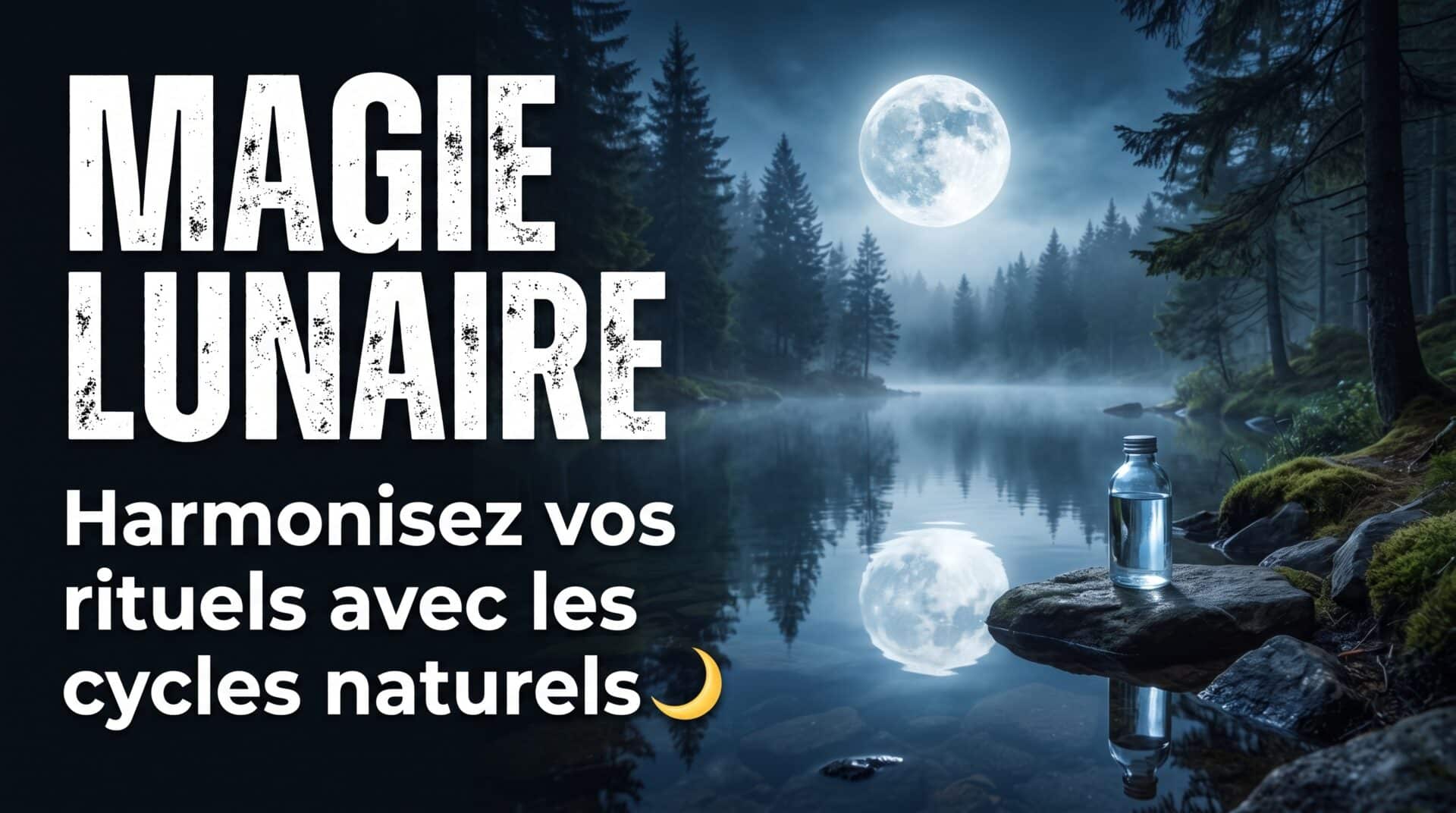 Rituel de magie lunaire avec fiole d'eau de lune au bord d'un lac sous la pleine lune en forêt.