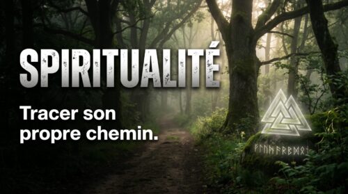 Chemin forestier brumeux avec symbole Valknut et texte Spiritualité tracer son propre chemin.