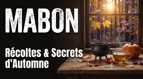 Célébration de Mabon avec chaudron, thé, citrouille et feuilles d'automne devant une fenêtre ensoleillée.
