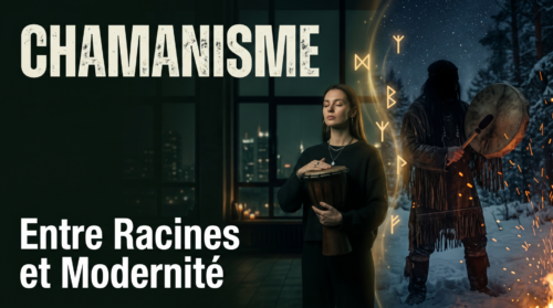 Femme méditant avec djembé devant une ville, juxtaposée à un chaman traditionnel dans la neige avec runes. La dualité du thème chamanisme.