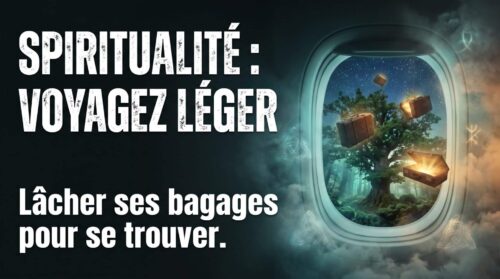 Affiche spirituelle : valises flottant vers un arbre cosmique à travers un hublot d'avion. Texte "Spiritualité : voyagez léger"