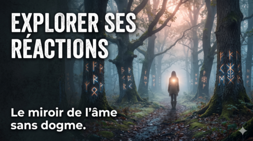 Femme marchant dans une forêt mystique avec runes lumineuses sur les arbres, exploration intérieure et spiritualité.