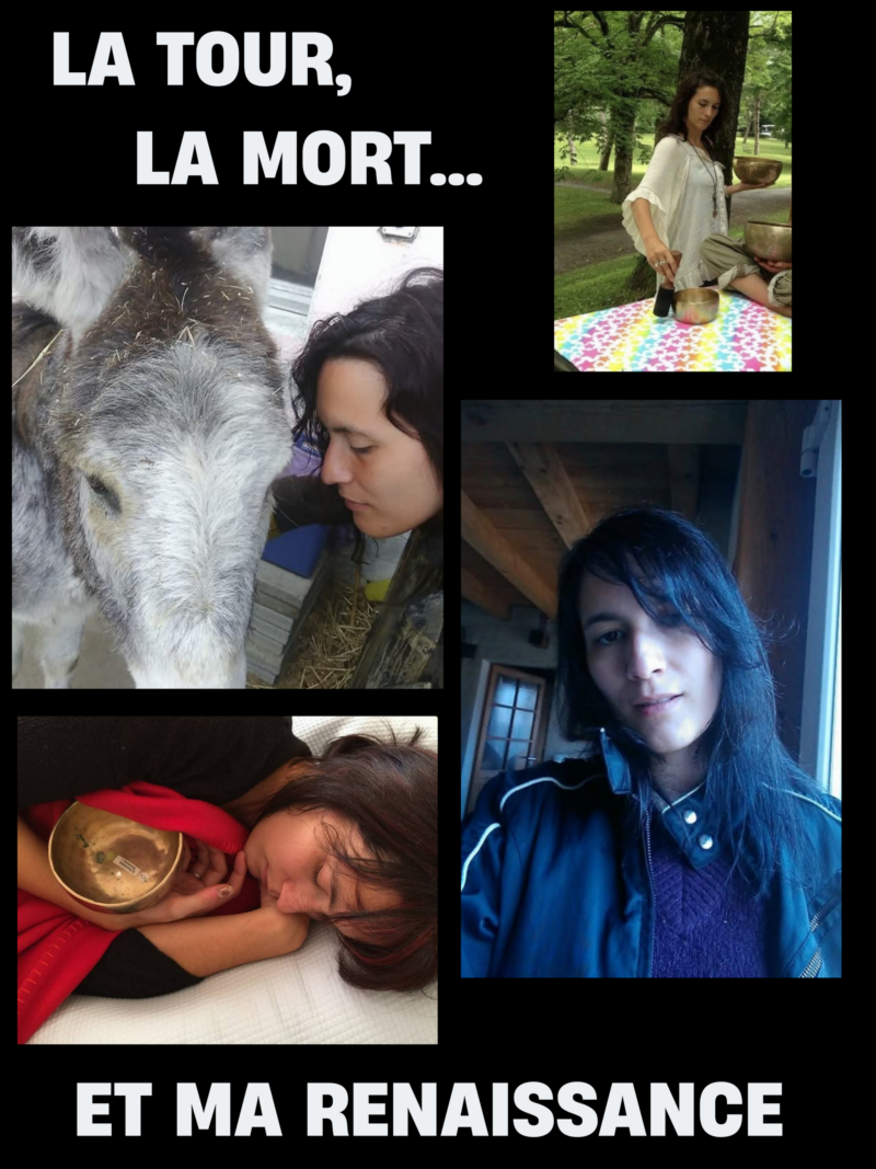 Collage photo avec texte en français sur le thème de la renaissance personnelle et de la thérapie par les bols chantants.