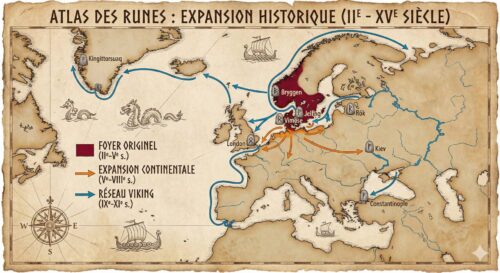 Carte de l'expansion historique des runes et du réseau viking en Europe du IIe au XVe siècle.
