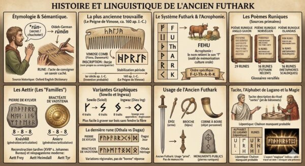 Infographie détaillée sur l'histoire et la linguistique de l'Ancien Futhark, étymologie des runes et poèmes runiques.