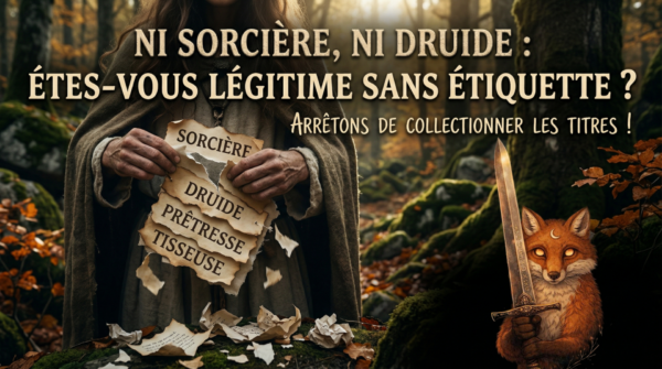 Femme en bure déchirant des parchemins avec les mots sorcière et druide, accompagnée d'un renard tenant une épée.