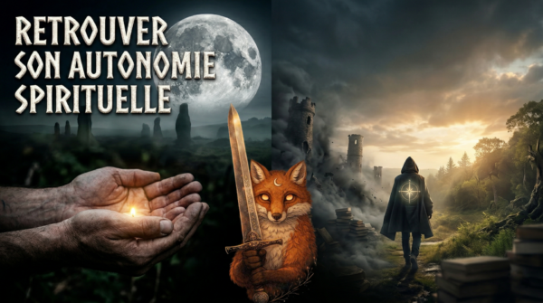 Illustration ésotérique avec renard à l'épée et voyageur pour retrouver son autonomie spirituelle.