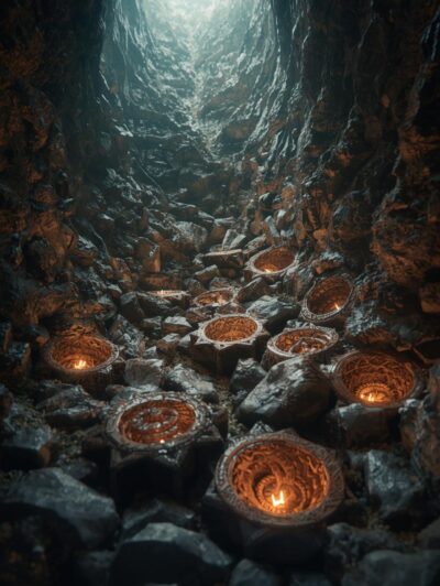 Autels de runes anciennes gravées et enflammées dans une grotte de pierre mystique sous un puits de lumière.