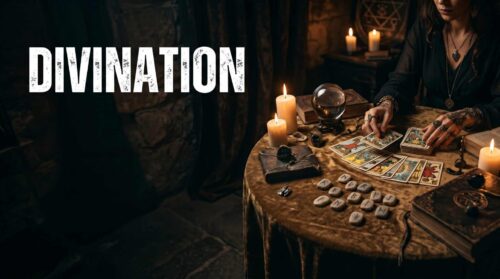 Voyante tirant les cartes du tarot avec runes, boule de cristal et bougies sur une table en velours, texte Divination.