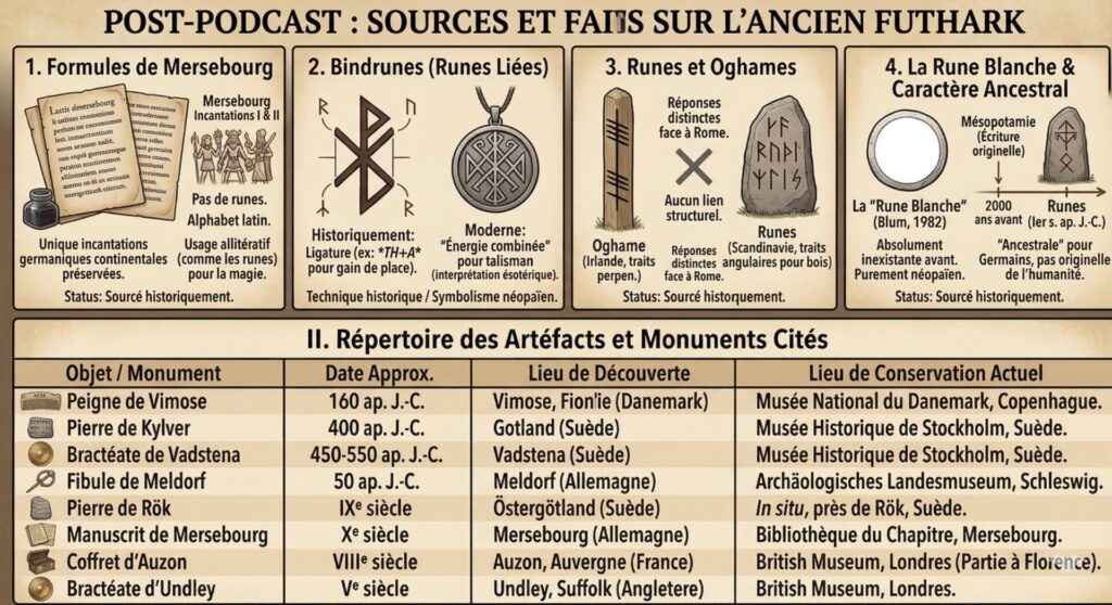 Infographie sur les sources historiques de l'Ancien Futhark, bindrunes, oghames et répertoire d'artéfacts runiques.