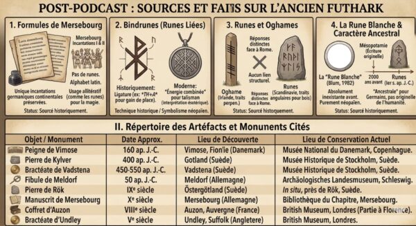 Infographie sur les sources historiques de l'Ancien Futhark, bindrunes, oghames et répertoire d'artéfacts runiques.