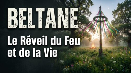 Arbre de mai décoré de rubans et feu de joie dans une prairie au lever du soleil pour la fête de Beltane.