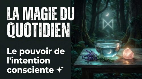 Rituel d'intention consciente avec bol d'eau, lavande et cristal dans une forêt mystique nocturne.