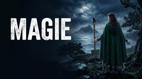 Femme mage en cape verte tenant un bâton face à un paysage fantastique nocturne sous la lune, texte Magie.