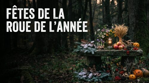 Femme mage en cape verte tenant un bâton face à un paysage fantastique nocturne sous la lune, texte Magie.