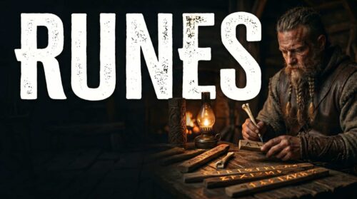 Homme barbu de style viking gravant des runes sur du bois à la lueur d'une lampe dans une ambiance médiévale.