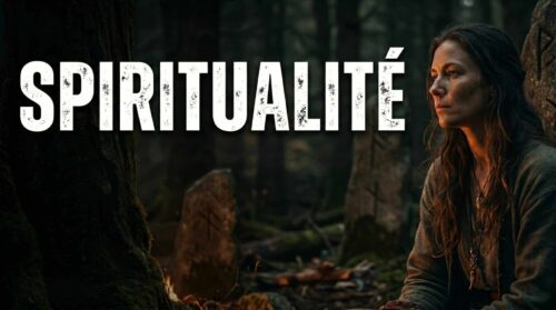 Femme mage en cape verte tenant un bâton face à un paysage fantastique nocturne sous la lune, texte Magie.