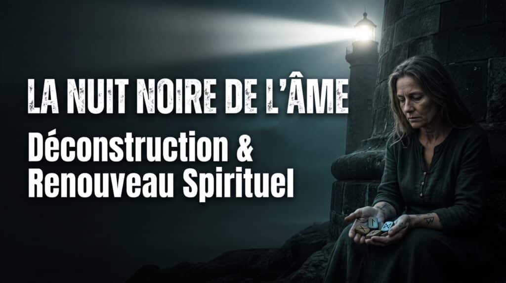 Femme pensive près d'un phare tenant des runes, texte La Nuit Noire de l'Âme Déconstruction & Renouveau Spirituel.