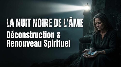 Femme pensive près d'un phare tenant des runes, texte La Nuit Noire de l'Âme Déconstruction & Renouveau Spirituel.