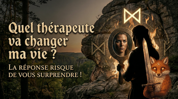 Femme tenant un miroir et une épée devant un renard mystique, illustration sur le choix d'un thérapeute.