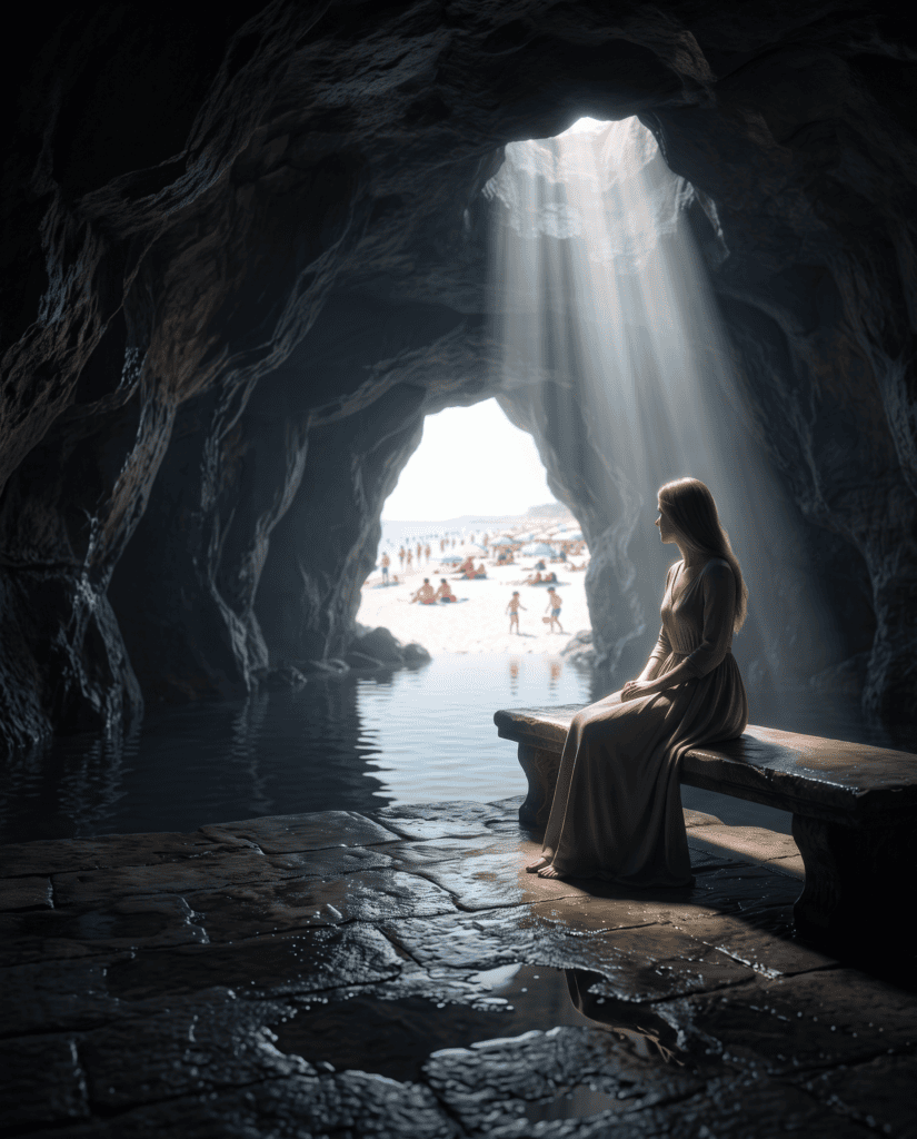 Femme assise dans une grotte éclairée par un puits de lumière face à une plage ensoleillée - symbolique des saisons