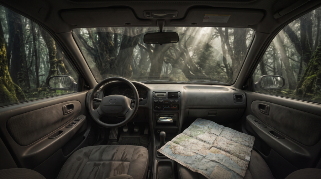 Vue de l'intérieur d'une voiture avec une carte dépliée sur le siège passager face à une forêt brumeuse.