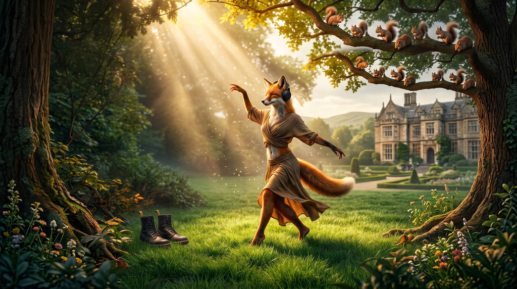 Renard anthropomorphe dansant pieds nus avec casque audio dans un parc de manoir, lumière du soleil, écureuils.