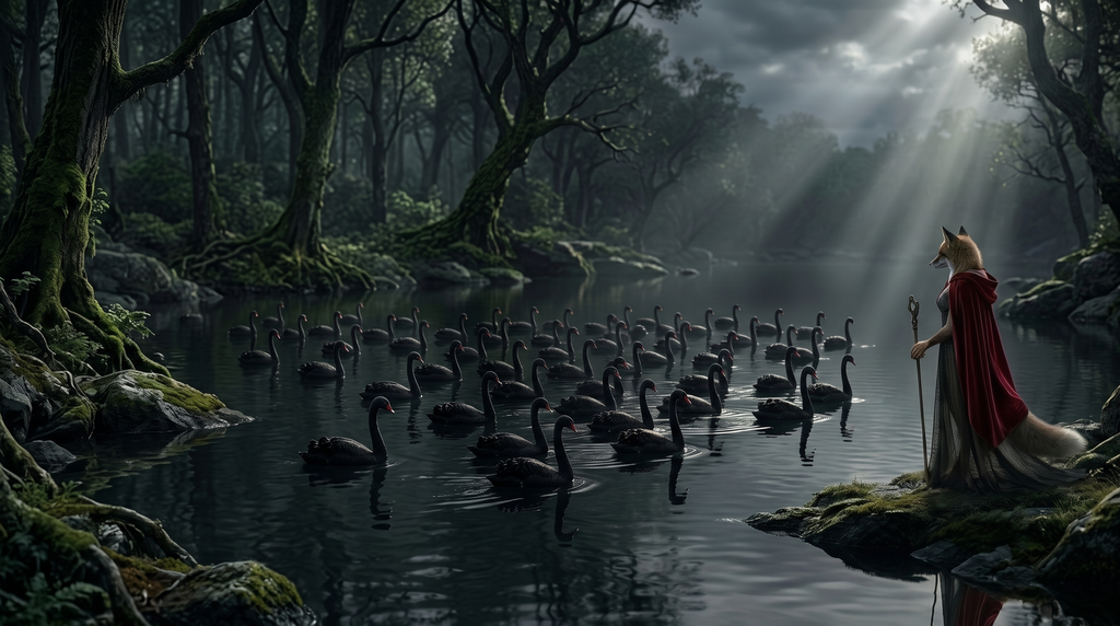 Renard anthropomorphe en cape rouge et bâton face à un groupe de cygnes noirs sur un lac en forêt brumeuse.