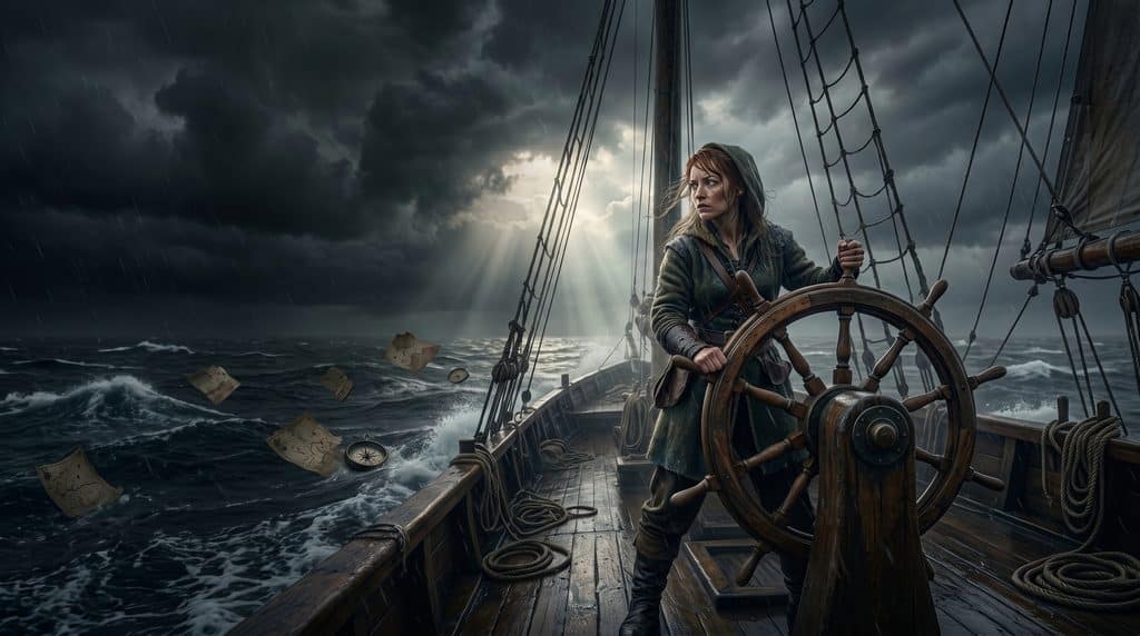 Une femme en habit médiéval barre un navire en pleine tempête sous un ciel menaçant, des cartes s'envolant.