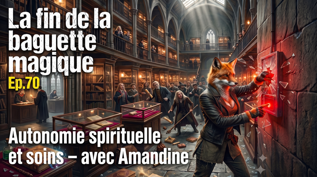 Renarde anthropomorphe en blouson de cuir brisant une alarme d'urgence rouge dans une grande bibliothèque magique.