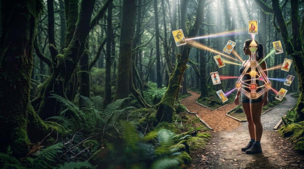Femme en forêt devant une croisée de chemins, entourée d'un schéma de Design Humain et de cartes de tarot lumineuses.Human Design et Tarot